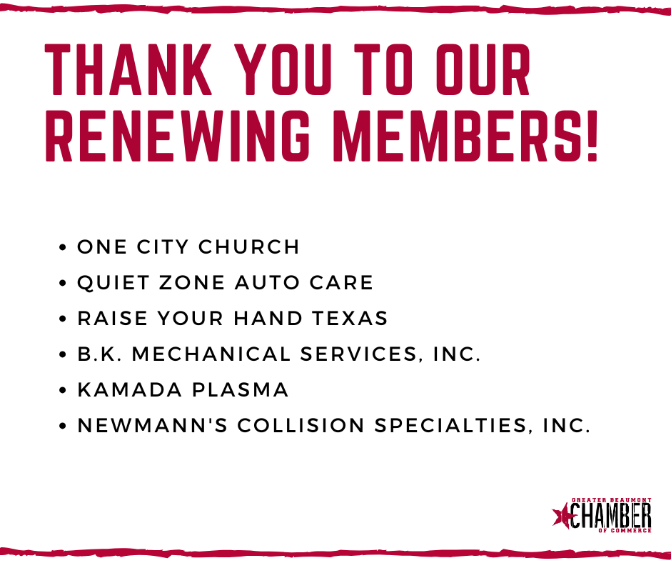 BMTChamber's tweet image. We would like to extend a heartfelt thank you to our renewing members! Your continued support and commitment play a crucial role in driving our mission forward. Thank you for being an essential part of the Greater Beaumont Chamber of Commerce! #MemberAppreciation #GBCOC #ThankYou
