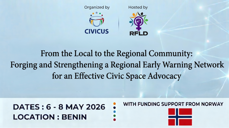RfldOrg's tweet image. Organized by CIVICUS, RFLD is hosting a Regional Meeting on Early #Warning and #Civic #Space Advocacy from 6 – 8 May in Benin.

Funded by #Norad l #Local to the #Regional #Community l #Network #Civil  #Society #Advocacy  #West #Africa