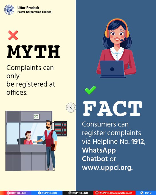 PuVVNLHQ's tweet image. UPPCL makes complaint registration simple and hassle-free. Use 1912, WhatsApp Chatbot, or the official website to raise your concerns without stepping out. 

#UPPCL #MythVsFact #ConsumerAwareness @aksharmaBharat @EMofficeUP @ChairmanUppcl
@CMOfficeUP @ChiefSecyUP @UPPCLLKO