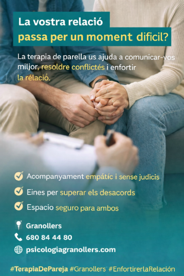 La teràpia de parella pot ajudar-vos a reconstruir el vincle i millorar la convivència.

✅ Infidelitats i gelosia  
✅ Problemes sexuals  
✅ Conflictes 

📍 Granollers  
🌐 psicologiagranollers.com  
📞 680 84 44 80  

#TerapiaDeParella #RelacionsSanes #PsicologiaGranollers