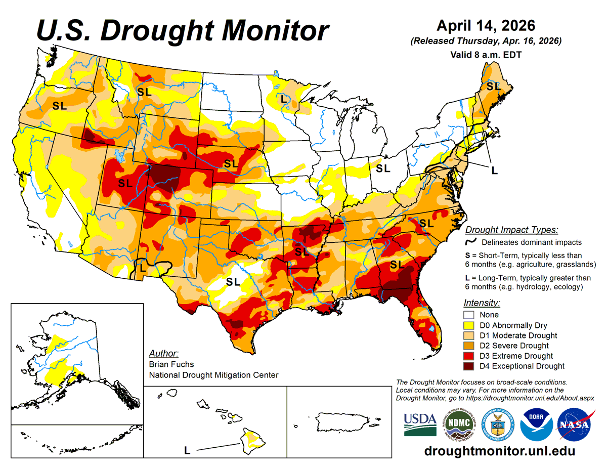 U.S. Drought Monitor April 16, 2026

For the 50 states and Puerto Rico, the U.S. Drought Monitor shows 51% in moderate drought or worse, compared to 50.18% last week.

#DroughtMonitor #Drought #Drought2026