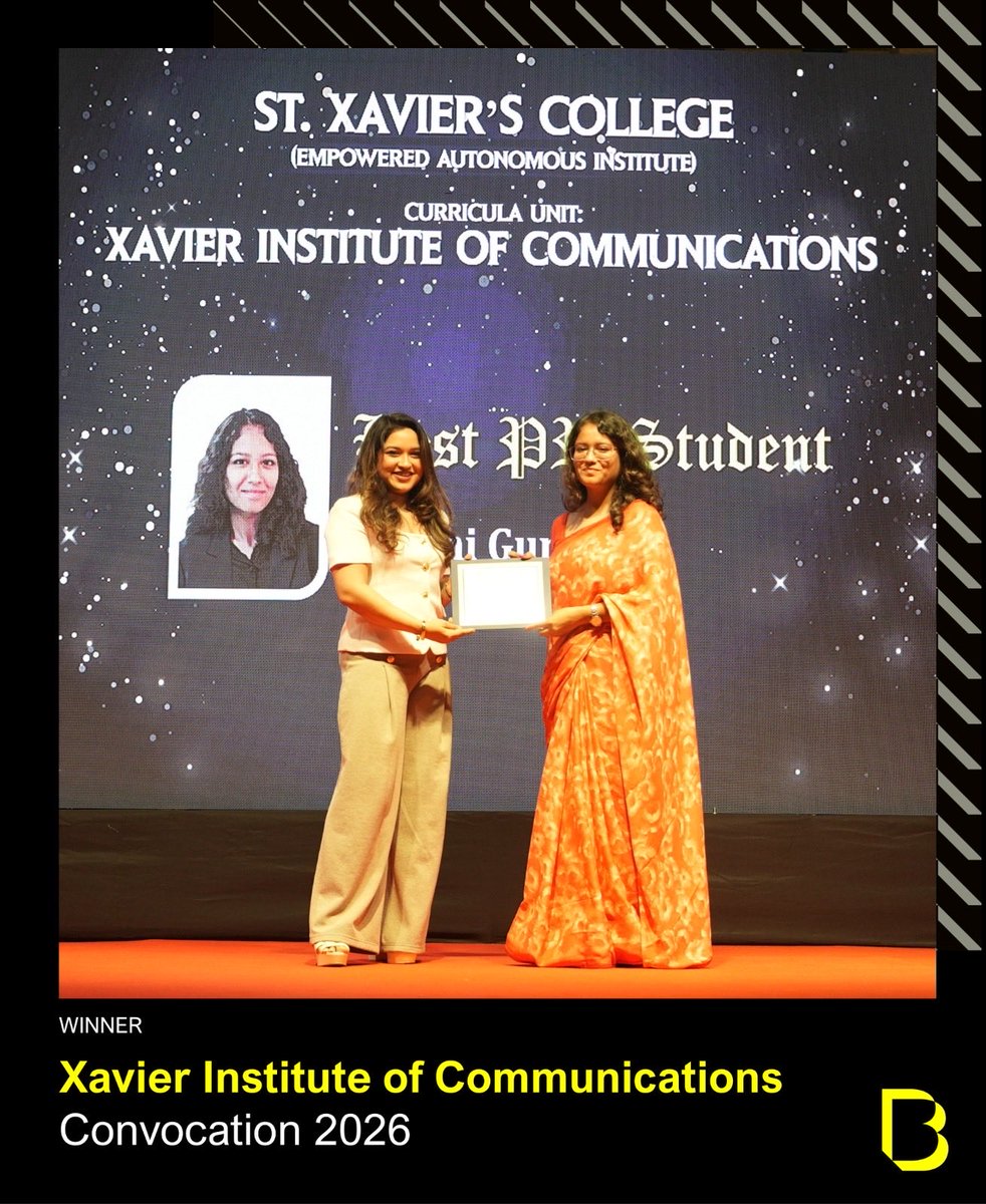 BursonIndia's tweet photo. At the 56th @XIC_Mumbai Convocation, the Burson India Vivek Samta Award for Best Student in PR &amp; Corporate Communication goes to Arushi Gund, with Rhea Anthony as runner-up. Congratulations! https://t.co/ywBb1Jb6kK