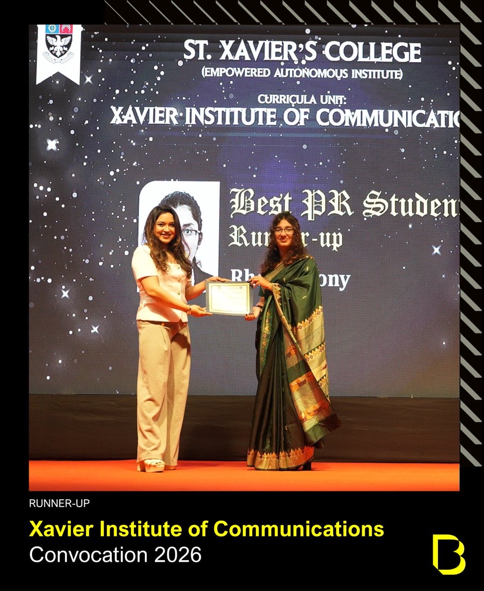 BursonIndia's tweet photo. At the 56th @XIC_Mumbai Convocation, the Burson India Vivek Samta Award for Best Student in PR &amp; Corporate Communication goes to Arushi Gund, with Rhea Anthony as runner-up. Congratulations! https://t.co/ywBb1Jb6kK