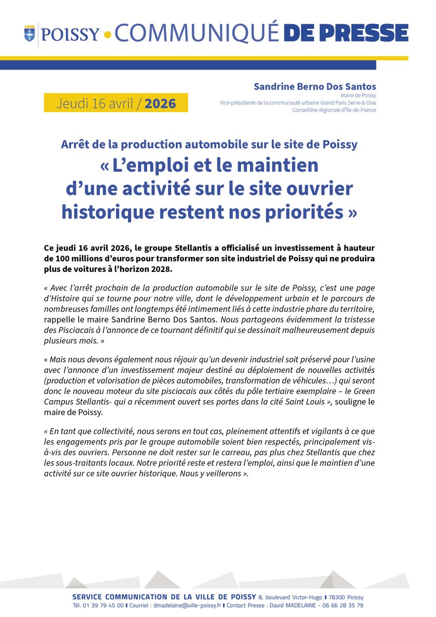 villepoissy's tweet photo. #Poissy #Stellantis Arrêt de la production automobile sur le site de Poissy - Sandrine Berno Dos Santos : "L'emploi et le maintien d'une activité sur le site ouvrier historique restent nos priorités" 
Le communiqué de presse ➡️ https://t.co/ueNgWyQkS7 https://t.co/5uXbrhAx9s