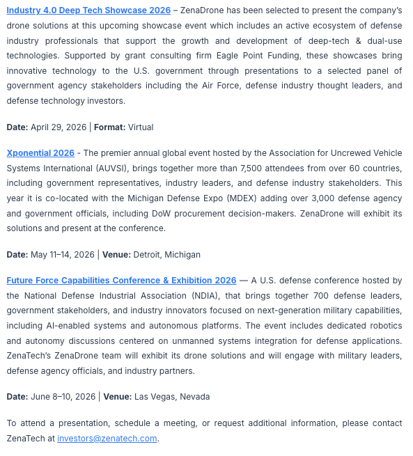 og_tigress's tweet photo. $ZENA has been nonstop getting in front of the right audience with their products. They have multiple upcoming events directly engaging defense and military decision makers this month into June.

"@ZenaDrone’s teams will expand relationships leading to future possible pilot programs and procurement contracts with U.S. government and defense agencies, and showcase the company’s AI drone solutions designed to address evolving global security and defense operation challenges. This includes ISR (Intelligence, Survielliance and Reconnannance) systems, medium-sized heavy lift cargo drone, indoor inventory drone, and advancements in its counter-UAS defence systems, interceptor, and underwater drones."

https://t.co/WpwyvaPBVZ