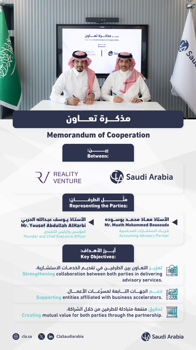 ClaSaudiarabia's tweet photo. وقعت CLA السعودية مذكرة تعاون مع @RVGrowth بهدف تعزيز التعاون في تقديم الخدمات الاستشارية، ودعم الجهات التابعة لمسرّعات الأعمال.

CLA Saudi Arabia signed a Memorandum of Cooperation with @RVGrowth to strengthen collaboration in delivering advisory services, support entities affiliated with business accelerators.