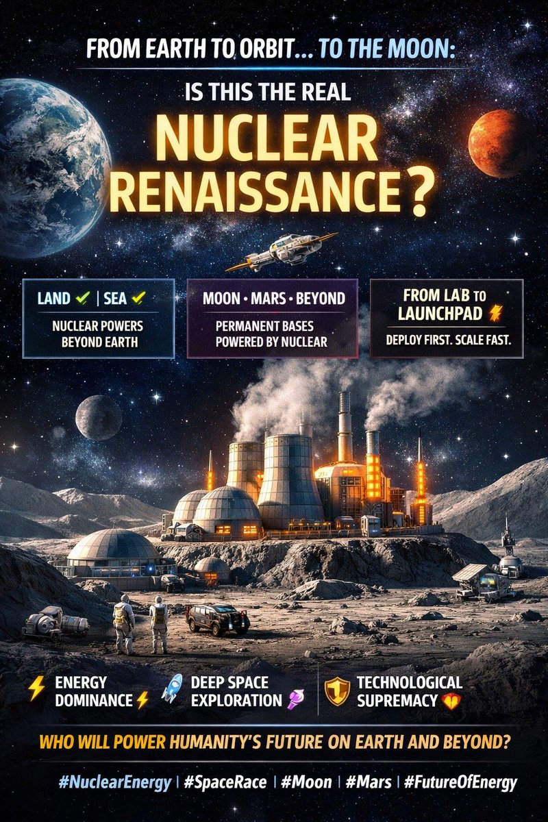 RKSingh96828356's tweet image. ⚛️🚀 Nuclear on the Moon isn’t sci-fi anymore… it’s strategy 🌕

From Earth → Sea → Space
Nuclear is becoming the engine of human expansion.
Next: reactors on Moon by 2030.

🚨 This is not evolution. It’s a Nuclear Renaissance.

Who leads… rules the future.

#Nuclear #Space