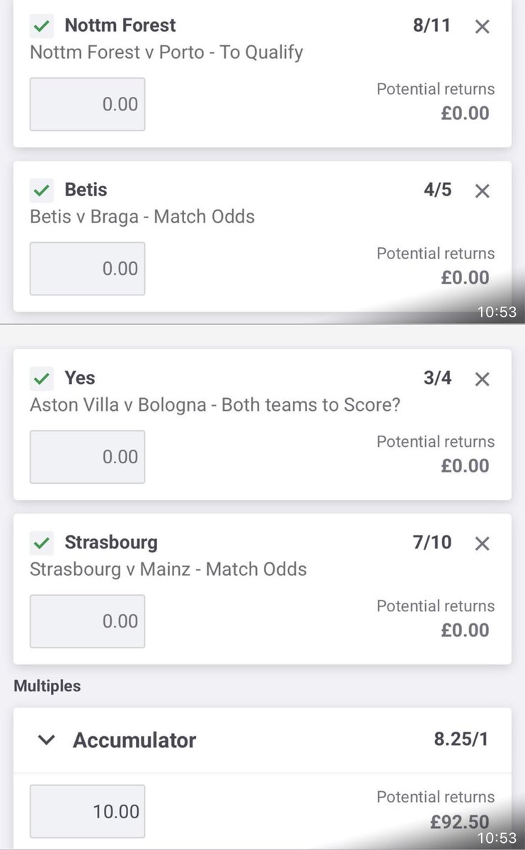 AccaTribe's tweet photo. ⚽️ LATER EUROPA ACCA ⚽️ 

This has been placed with Paddy Power!

👀 CLAIM A FANTASTIC £30 IN FREE BETS FOR THIS WEEKEND’S ⚽️ 

Bet £5 on tonight’s Acca & Get a Fantastic £30 In Free Bets for this weeks ⚽️ here 👇
https://t.co/kIU9yUCdFk

Here’s why we’ve backed it 👇

Nottingham Forest to Qualify: 

Forest go into tonight after a 1-1 draw in the first leg, and we fancy them to qualify. Porto are a good side, but Forest beat them 2-0 in October at the City Ground. We expect it to be tonight, but we’re backing Forest to progress. 

Real Betis to Win: 

Real Betis have lost one of their previous eleven home games, winning seven and drawing three. The Spanish side have won their last four Europa League home matches. Braga have lost four of their previous nine away trips. They’ve also won one of their last away European games. 

Aston Villa vs Bologna BTTS: 

Landed in seven of Villa’s last eleven home games, and five of Bologna’s previous eight matches. BTTS has also won in three consecutive Bologna Europa League matches. 

Strasbourg to Win: 

The French side are unbeaten in seven home games, winning four. With them needing to chase the game, we fancy them to dominate and win in ninety. However, we aren’t sure they will qualify.

Good luck if you follow!

18+ Please Gamble Responsibly - T&Cs Apply | https://t.co/cP099NSU6C | #ad