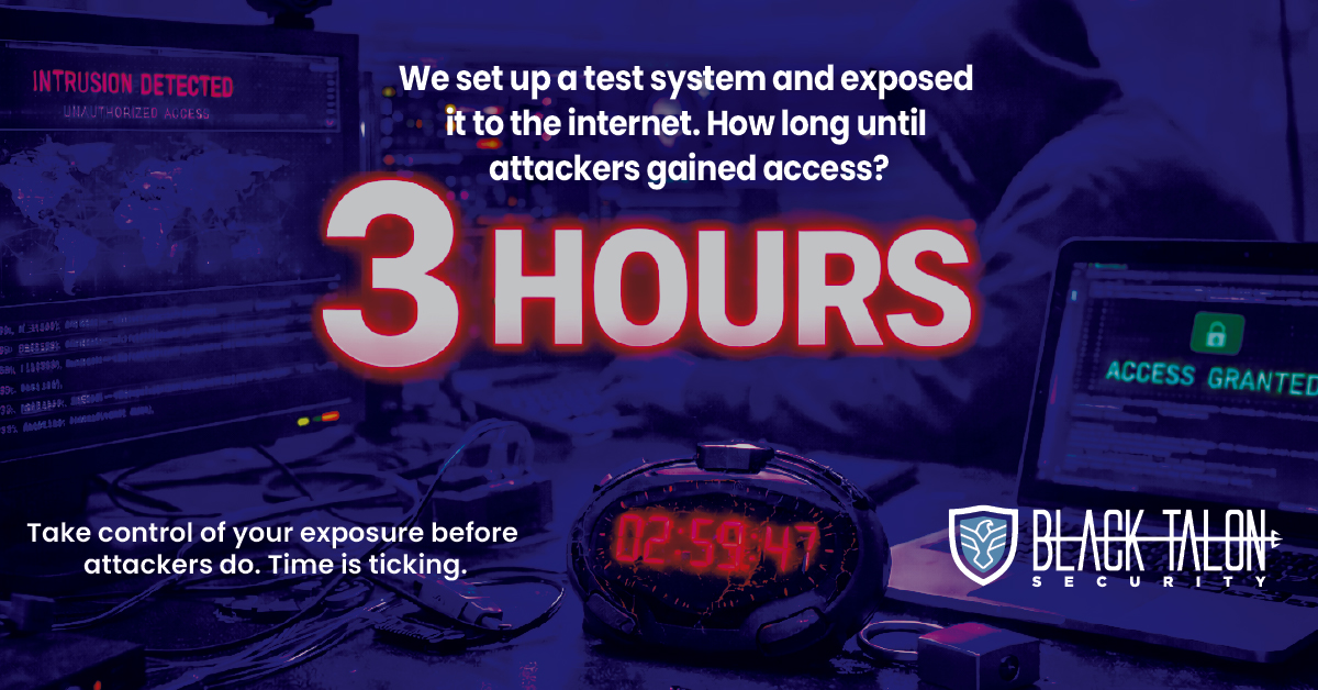 A #honeypot exposed to the internet. How long until #cyberattackers gained access? Not 3 days. Not 3 weeks. 3 hours.

This is the reality in 2026. Automated scanners are constantly probing networks.

Visit blacktalon.co/4vyJs51 to learn how EAGLEi™ provides 24/7 visibility.