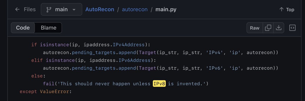0xTib3rius's tweet photo. Fun IPv8 fact.

This line has been in my AutoRecon tool since v2.

It was supposed to be a joke. 😅 https://t.co/VXBWR26Kmy