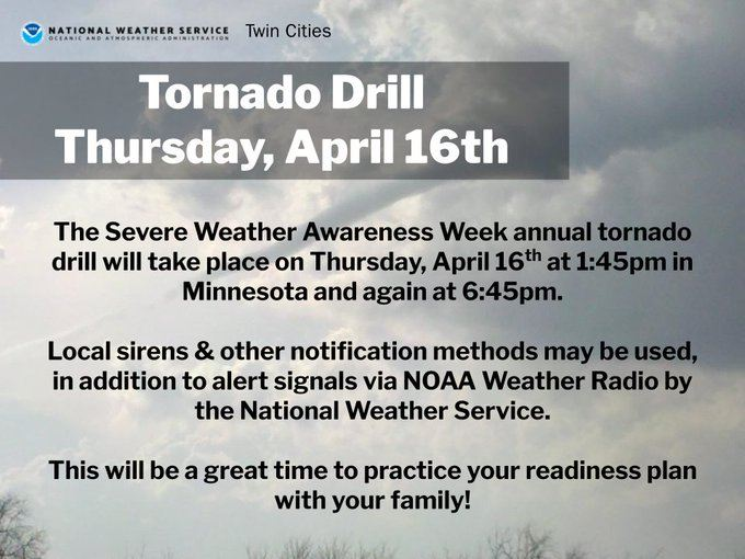 MartinCoMN_SO's tweet photo. Tornado Drills will occur today at 1:45pm and 6:45pm for Minnesota.
This is a great opportunity to practice a tornado safety plan at work or home, and a great reminder that sirens are only meant for those outdoors!
More info at https://t.co/mwDPPvh6ih #drillsergeant https://t.co/26w2xdt7bO