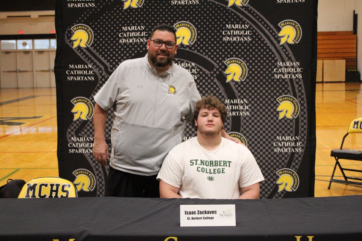 Athletics_MCHS's tweet photo. ✍️ Congratulations to Isaac Zackavec on signing with St. Norbert College!

After helping Marian Catholic win the ESCC Red Division Championship, Isaac was named the Red Division Lineman of the Year.

Best of luck at the next level, Isaac! 

#GoSpartans #SpartanNation https://t.co/6H8onD5bgF