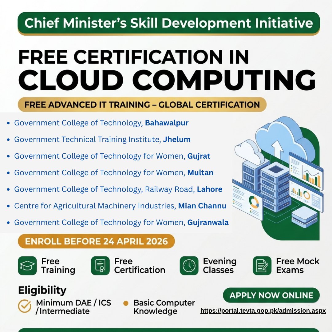 𝐊𝐢𝐜𝐤𝐬𝐭𝐚𝐫𝐭 𝐘𝐨𝐮𝐫 𝐂𝐚𝐫𝐞𝐞𝐫 𝐢𝐧 𝐂𝐥𝐨𝐮𝐝 𝐂𝐨𝐦𝐩𝐮𝐭𝐢𝐧𝐠!
<a href="/punjab_tevta/">TEVTA Punjab Official</a> is offering 𝐅𝐑𝐄𝐄 Certification in Cloud Computing with Internationally Aligned Training.
𝐋𝐞𝐚𝐫𝐧 𝐢𝐧-𝐝𝐞𝐦𝐚𝐧𝐝 𝐬𝐤𝐢𝐥𝐥𝐬:
AWS | Azure | DevOps | Cloud Security.
Free Training