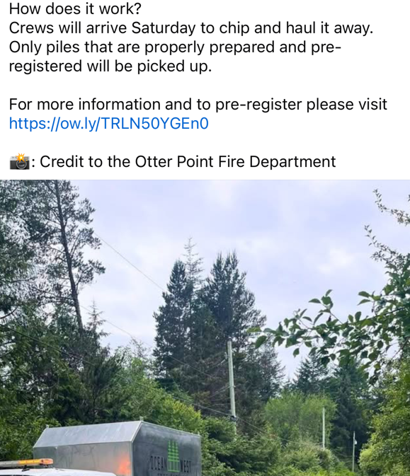 JdFemerg's tweet image. Last chance to sign up for chipping in Otter Point this Saturday April 18 and June 6. Register on the Otter Point Fire Department website zurl.co/bcc3z #FireSmart