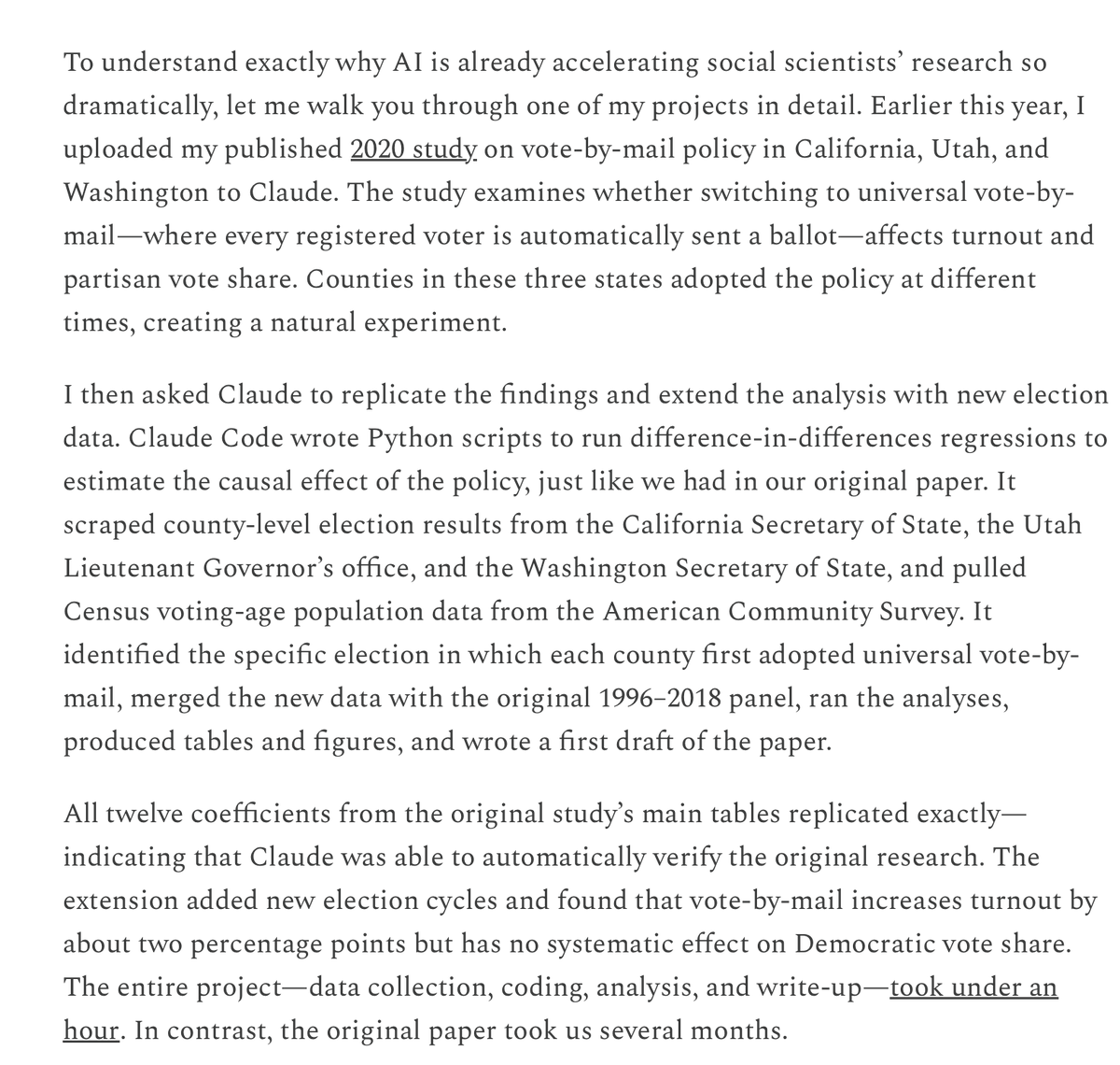 great piece by <a href="/ahall_research/">Andy Hall</a> in <a href="/rootsofprogress/">Roots of Progress Institute</a> on how AI is speeding up social science research in his lab and beyond. jives with my own experience of replicating my dissertation over break 

newsletter.rootsofprogress.org/p/ai-is-alread…