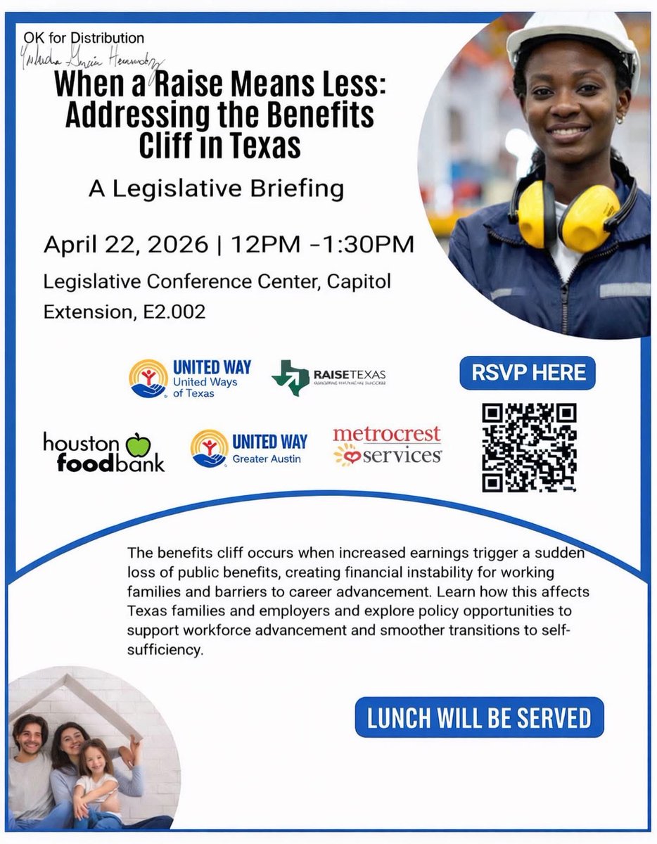 CasforTX's tweet photo. I am honored to host Metrocrest Services, United Way of Texas, United Way of Greater Austin, Houston Food Bank, and Raise Texas for a briefing on a very important topic: When a Raise Means Less: Addressing the Benefits Cliff in Texas.

Across our state, many hardworking Texans face an unintended challenge: modest increases in income can lead to disproportionate reductions in public benefits. This “benefits cliff” can disrupt financial stability and create barriers to long-term economic independence. Our goal is to bring attention to this issue and explore meaningful, bipartisan solutions.

📅 April 22, 2026
⏰ 12:00 PM to 1:30 PM
📍 Capitol Extension, Room E2.002

All members and staff are welcome to join, but space is limited. Sign up at 👉https://t.co/qFZ0GjsV1l.
