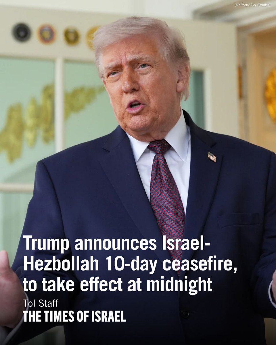 TimesofIsrael's tweet image. “I just had excellent conversations with the highly respected President Joseph Aoun, of Lebanon, and Prime Minister Bibi Netanyahu, of Israel,” Trump writes on Truth Social.

Trump says he has directed US Vice President JD Vance, Secretary of State Marco Rubio and US chairman of