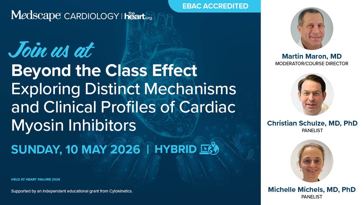 MartinMaronMD's tweet photo. Looking forward to chairing this important conversation on #CMIs w/ Dr. Christian Schulze and Dr. Michelle Michels. Join us at #ESCHF2026 this May in Barcelona—in person or virtually.
Learn more & register: https://t.co/9hjJwDQUSt
#HeartFailure2026 @theheartorg @MedscapeHeart https://t.co/mZPTwdV4k6