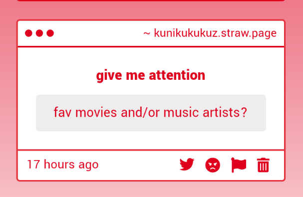 kunikukuku's tweet image. fav movies: spaceballs, space sweepers, nimona, star wars movies, homeward bound, a few more
music artists: weeekly, tripleS, kandis, ive, nmixx, mother mother, mafumafu, hollywood undead, illit, missio, jazmin bean, penelope scott, bo burnham, dreamnote, an egregious amt of kpop