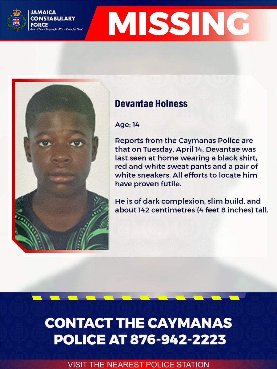 JamaicaConstab's tweet image. Help us locate missing Devantae Holness. If you know his whereabouts, please call the Caymanas Police or the nearest police station.

#AnandaAlert #Missing