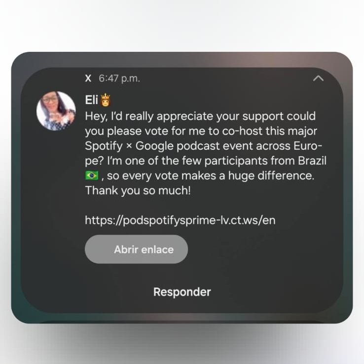 florchicana's tweet photo. É um golpe (phishing/scam) bem comum!Você recebeu uma mensagem fraudulenta de um perfil falso (ou hackeado) chamado James Spencer. Esse tipo de golpe está circulando bastante no WhatsApp, Instagram, Twitter/X e outros apps.O que ele tenta fazer:Te convence a clicar no link (https://t.co/tQPyxmJxs2 ou parecido) dizendo que é para “votar” nele como co-host de um podcast da Spotify + Google.
O link não tem nada a ver com Spotify ou Google. É um site falso que tenta roubar sua senha, dados de login (Instagram, Google, Microsoft etc.) ou instalar malware.
O texto é quase idêntico em milhares de mensagens que as pessoas estão recebendo agora (já vi relatos recentes no Reddit, Instagram e X). Eles mudam só o país (“UK”, “US”, “European countries”…) pra parecer mais real.Sinais claros de golpe:Spotify e Google não fazem esse tipo de “votação pública” por DM aleatório.
O domínio .ct.ws é super usado em golpes recentes (ex: https://t.co/HSqrFzShbQ, etc.).
