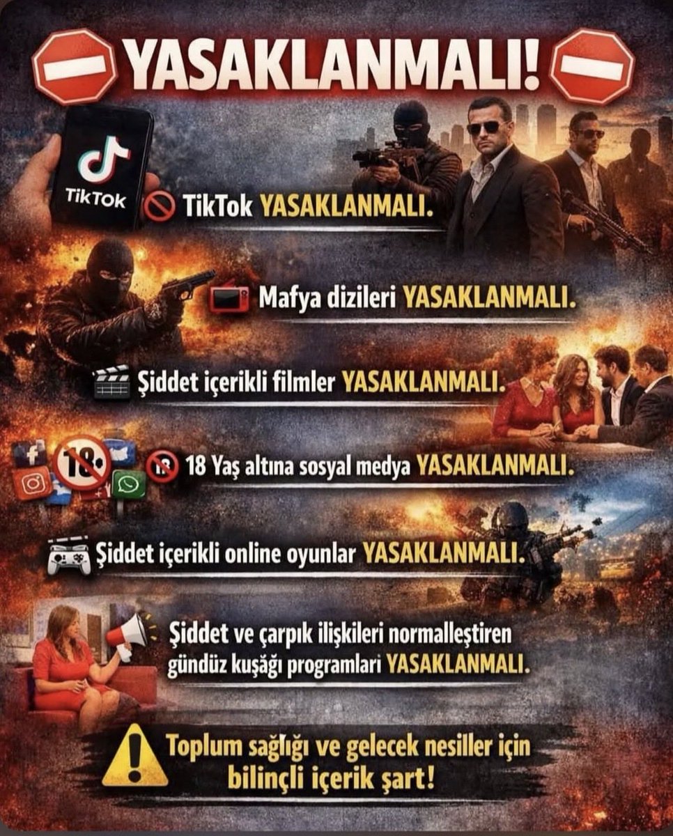 TikTok çukuru, mafya dizileri, şiddet içerikli oyunlar, gündüz kuşağı programları, LGBT fenomenler ve 18 yaş altına sosyal medya yasaklanmalı🚫 

#Kahramanmaraş