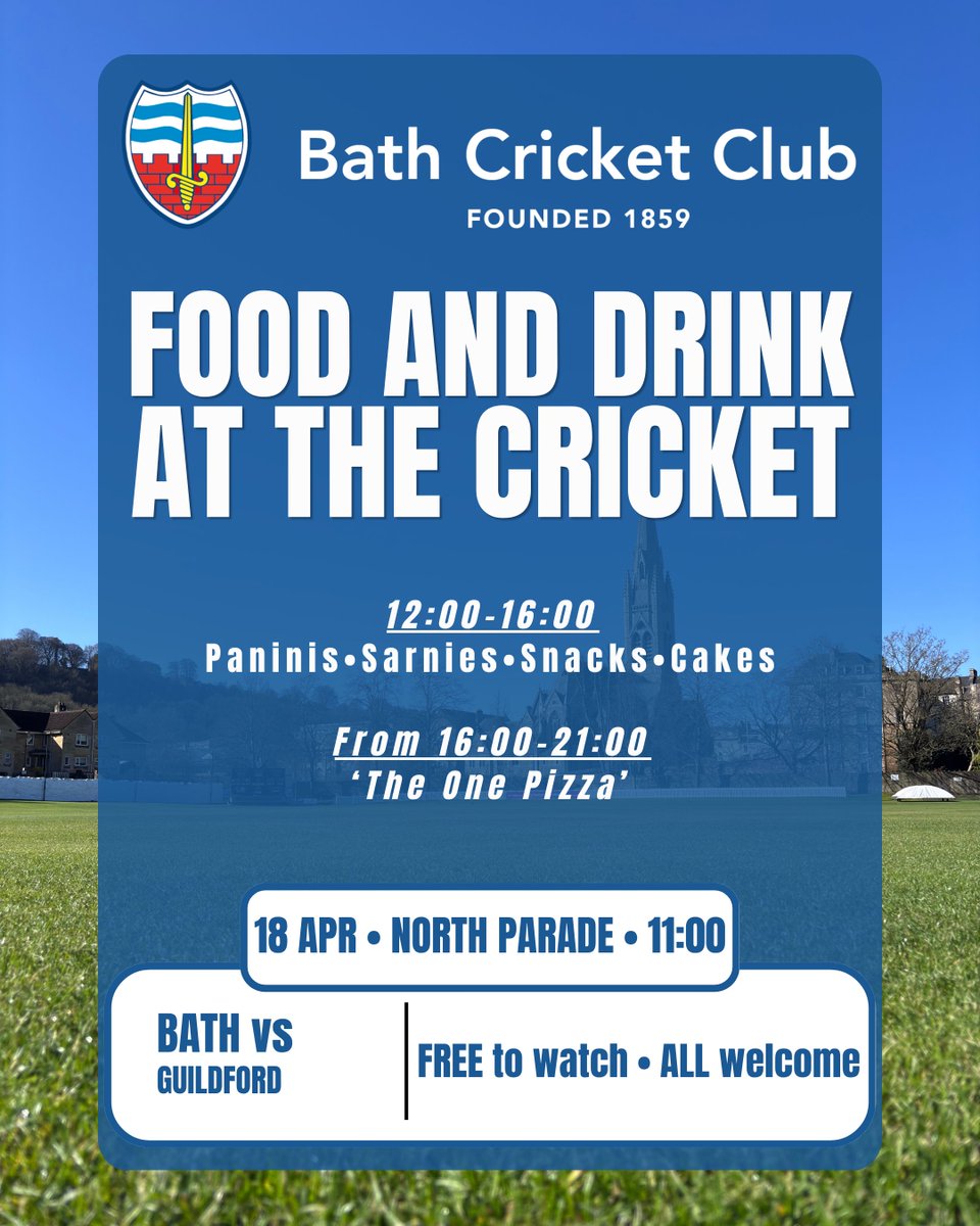 bathcricket's tweet photo. Food and drink at the cricket 🤝☀️

Join us at North Parade this Saturday as we take on Guildford!
Grab a bite from 12-4, then stick around for pizza into the evening 🍕 https://t.co/BAHN9keH8q