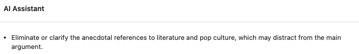 Just for the hell of it, I asked my Wordpress "AI assistant" to offer suggestions on my writing and... yeah, that's not happening.