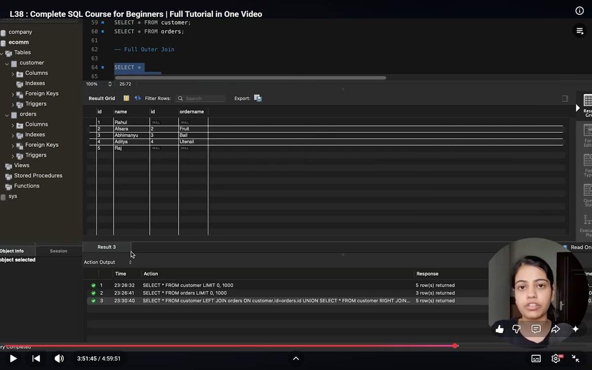 1drie5's tweet image. L38(32)

full join = everything from both.

MySQL lacks it! use UNION:

select * from cust c left join ord o on c.id=o.id
union
select * from cust c right join ord o on =;

#DBMS #SQL #Databases