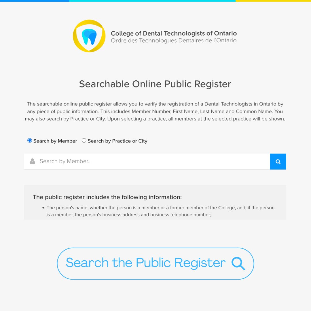 CDTOntario's tweet photo. Looking for information about a Registered Dental Technologist in Ontario? 

Use CDTO’s Public Register to verify registration status and certificate class: https://t.co/qnFW4iOlEk 

#CDTO #OralHealthMonth #PublicProtection https://t.co/etYuKhyjo8
