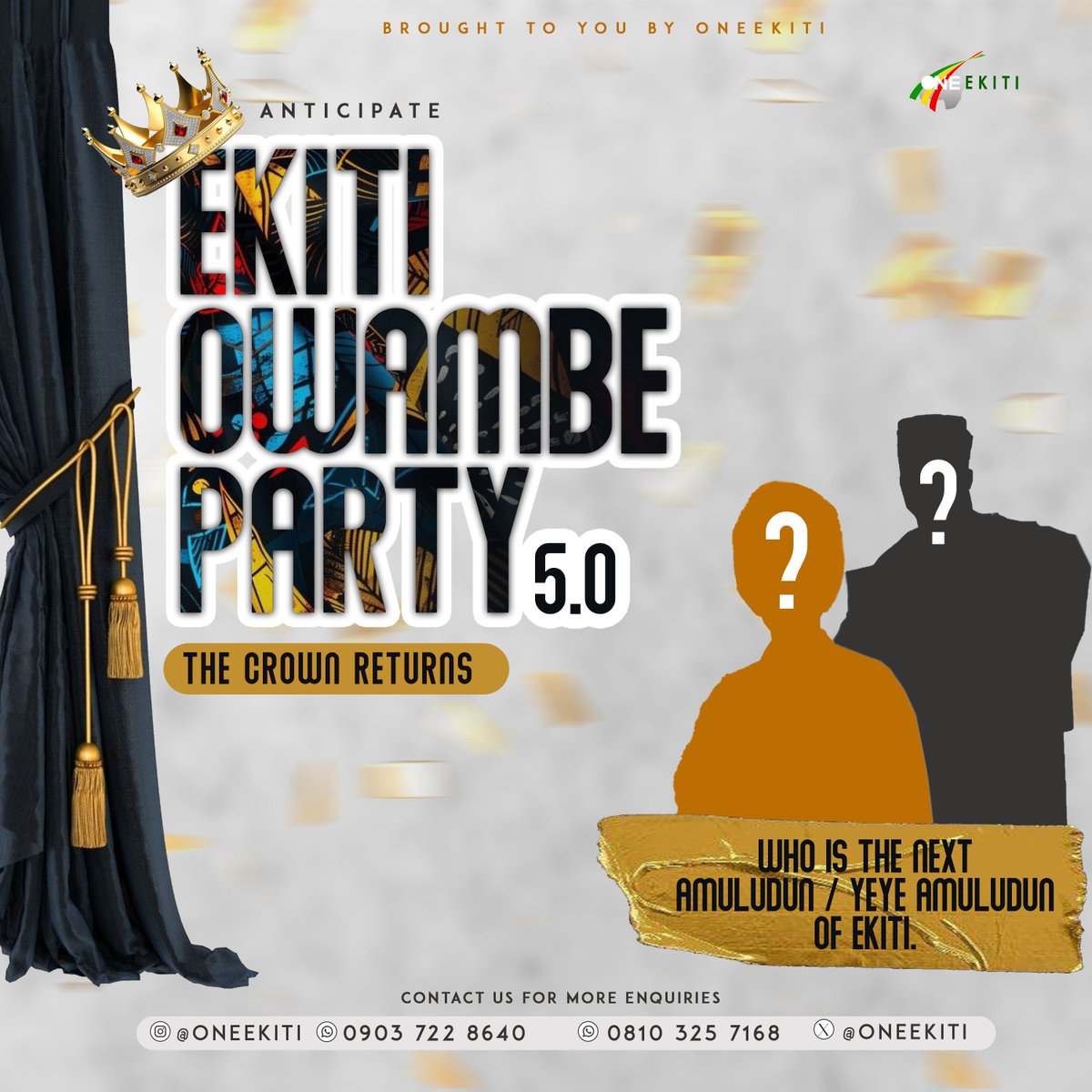 OneEkiti's tweet photo. Four editions ago, the Ekiti Owambe Party has brought together culture, fashion, music, and the true spirit of celebration, right here in the heart of Ekiti state. 
This year, the 5th Edition, is another special edition because the Crown Returns‼️ https://t.co/un4FpAEV4S