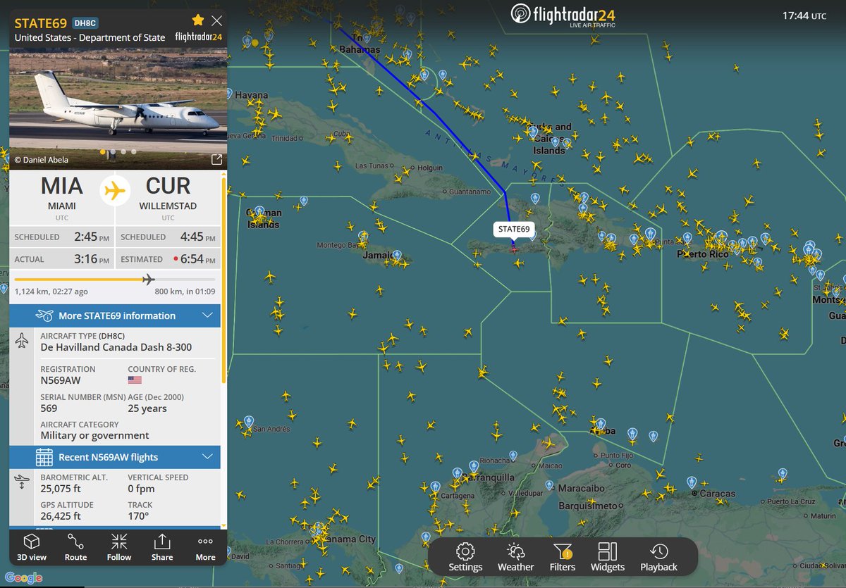 Flightwatcher1's tweet photo. U.S. Department of State Dash 8-300
Código de llamada: STATE69😏
Matrícula: N569AW
Hex: #a7486e
Desde Miami🇺🇸 hacia Curaçao🇨🇼, luego generalmente se da el "salto" a Caracas🇻🇪
¿Vendrá con el nuevo encargado de negocios (John Barrett)?🤔
#Venezuela #USA #Curaçao https://t.co/E3m8VvEZ2q