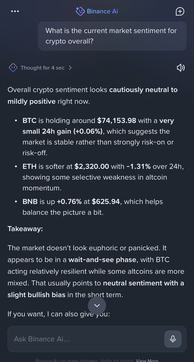 Mich7933's tweet photo. @binance I asked Binance AI about the overall crypto market sentiment, and it instantly gave me a clear data driven overview. It helps me understand the market direction before making any move 🙌 #BinanceAI https://t.co/apuYuIl1c7