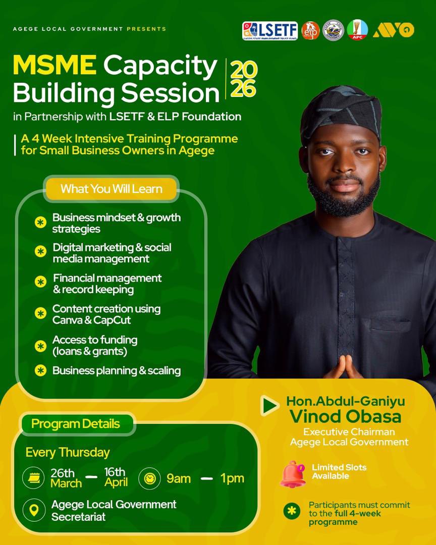 AgegeLGInfo's tweet photo. Agege LG, under the stewardship of @ganiyuobasa2025, wraps up the MSME Capacity Building Programme today.

The past weeks have been tremendous for the participants with access to funding and the right tools. 

The next phase is for the to grow and excel. https://t.co/WGZxQjcTWF