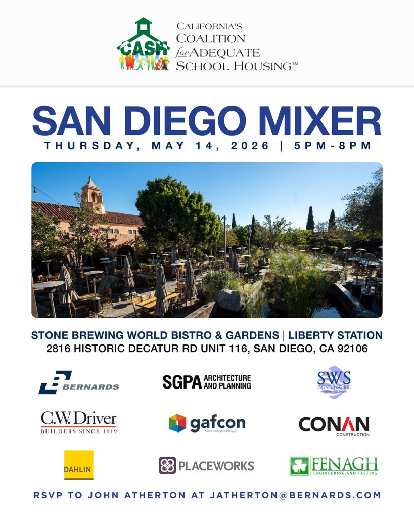 CASHFacilities's tweet photo. CASH Mixer in San Diego 🍻

📅 May 14, 2026
⏰ 5–8 PM
📍 Stone Brewing World Bistro &amp; Gardens

Come connect with school facilities leaders and industry partners.

RSVP: jatherton@bernards.com https://t.co/JIyPDtI3ag