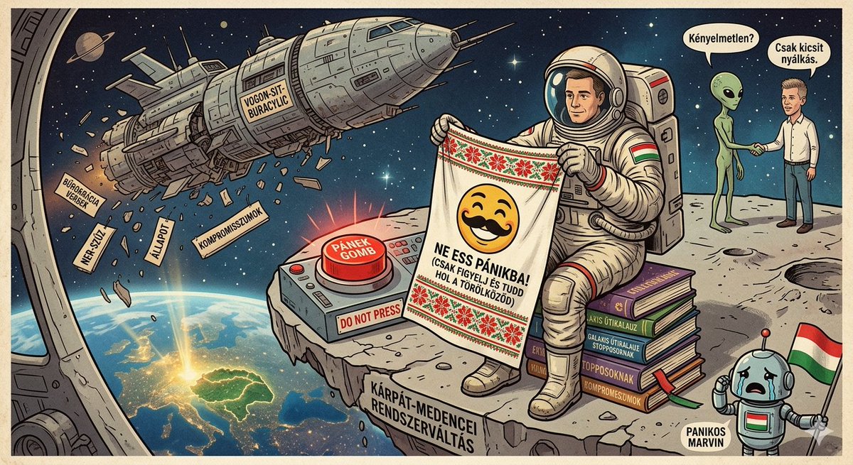 🇭🇺 NE ESS PÁNIKBA!
Útmutató a Kárpát-medencei Rendszerváltáshoz
🇵🇱 Po polsku w pierwszym komentarzu! 

​Figyelem, a Föld nevű bolygó 0036-os szektorának lakói!

​A Galaxis Útikalauz meghatározása szerint a „magyar politikai átalakulás” egy olyan folyamat, amely során az érintett