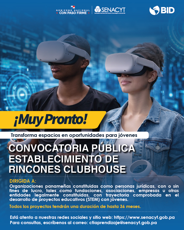 senacyt's tweet photo. ¡Muy pronto!💡🚀

Si tu organización busca crear un espacio donde jóvenes puedan idear, diseñar, construir, experimentar y desarrollar nuevas ideas con tecnología, esta convocatoria es para ustedes.

Mantente atento a nuestras redes sociales para conocer la fecha de apertura. https://t.co/u2GiKEZ1UO