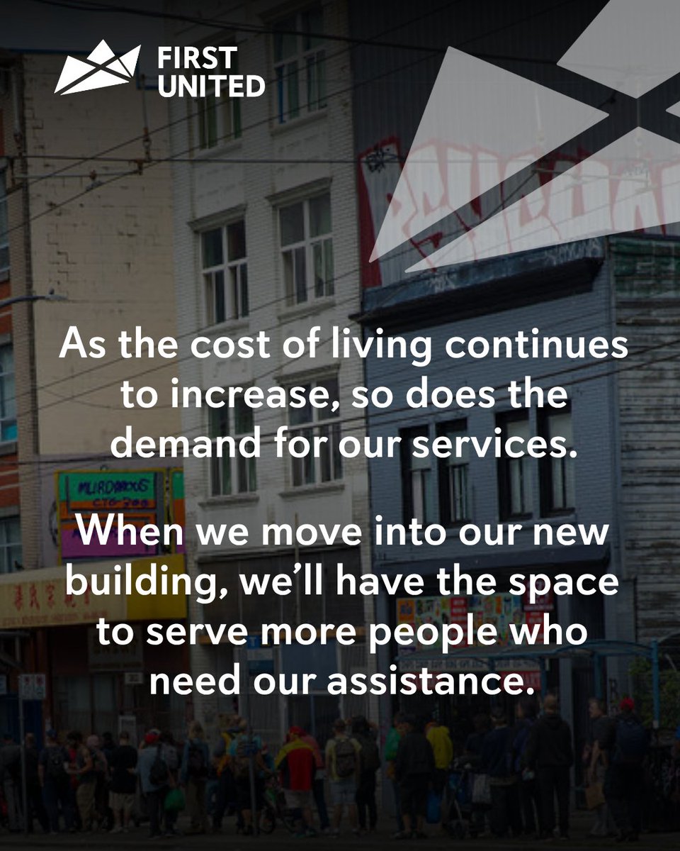 FirstUnitedDTES's tweet photo. As the cost of living continues to increase, so does the demand for our services. To meet these needs, we're expanding our services &amp; creating new programs when we move into our new building in June. Will you chip in with a $25 gift to help us do this? https://t.co/iS2WoMy3D8 https://t.co/rgpY0Gi9P1