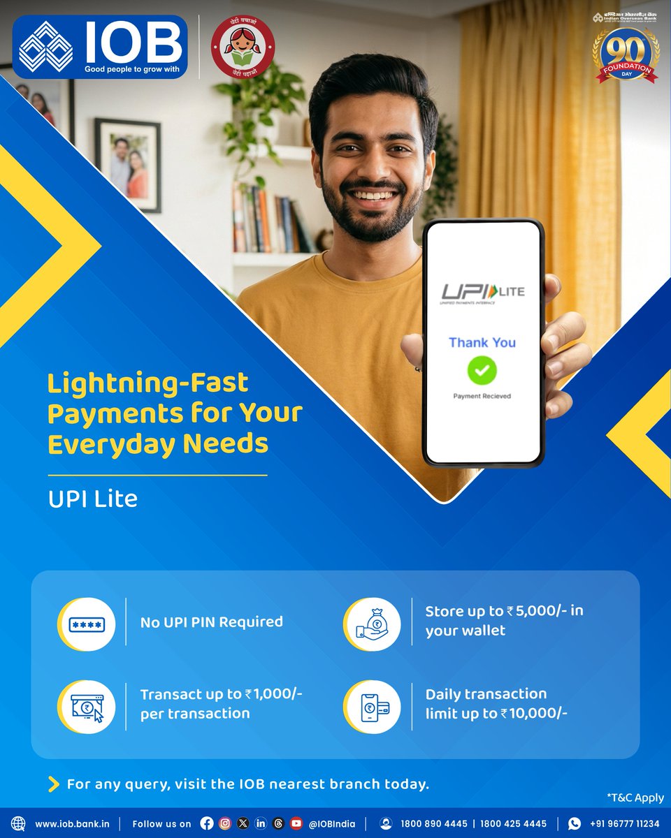 IOBIndia's tweet image. Experience the power of UPI Lite on IOB Connect for faster, lighter, and smarter payments. Pay instantly for your daily essentials without the wait or hassle

Download IOB Connect now on Play Store or App Store and start using UPI Lite today.

#IOBConnect #UPILite