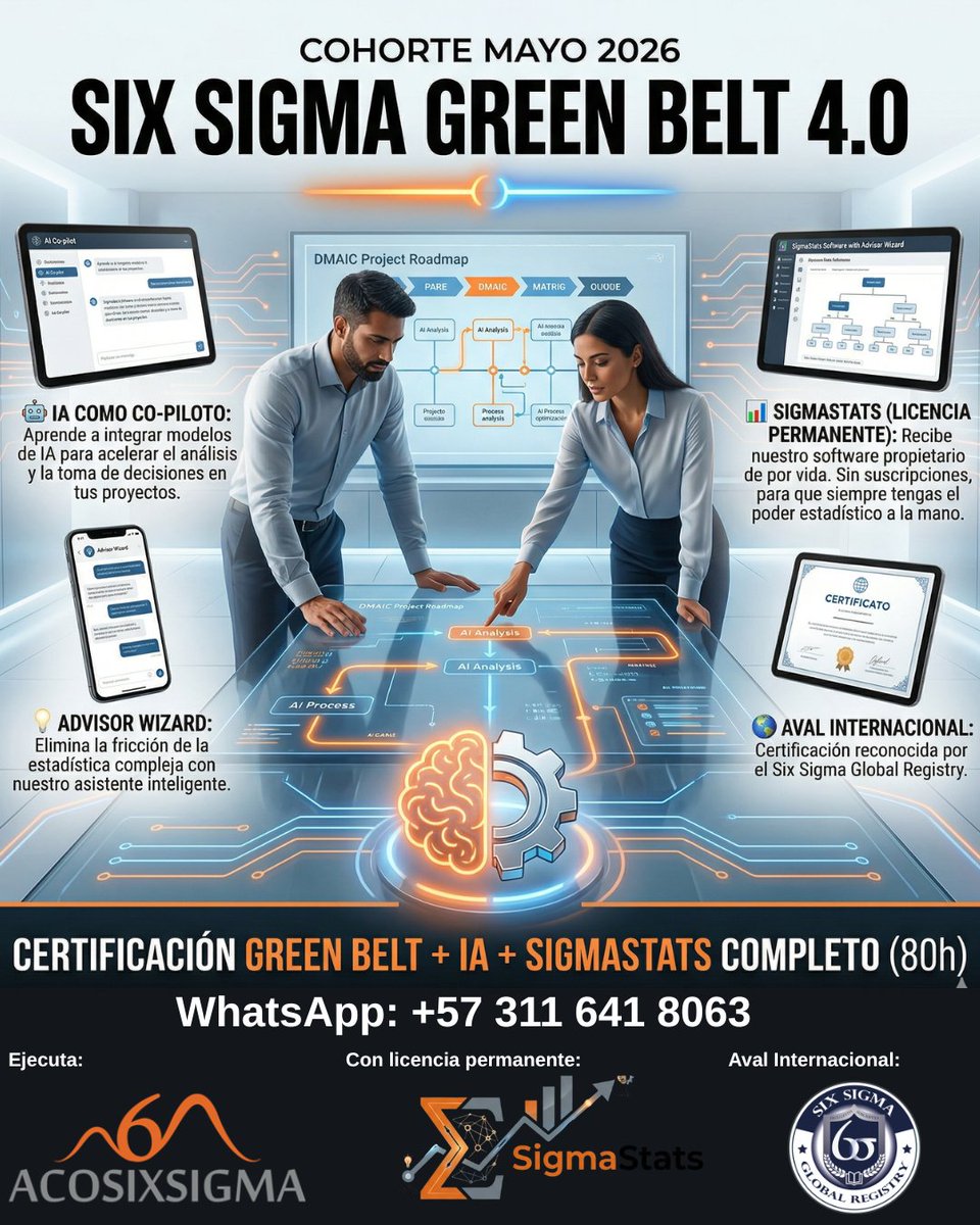 acosixsigma's tweet image. Six Sigma Green Belt 4.0
📅 Inicio: Martes 5 de mayo.
⏰ Horario: Martes y Jueves (6:00 PM Hora Colombia).
👉 Registro y detalles: acosixsigma.com/entrenamientos…
 Pago Rápido Gumroad: erijorgeaistrategist.gumroad.com/l/wavoxx
👉 Soporte directo: WhatsApp +57 311 641 8063
#LeanSixSigma #IA #GreenBelt40
