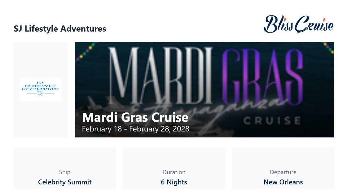 SJLSAdventures's tweet photo. Bliss is going to Mardi Gras Feb 2028. 

Early Bird Sale  Starts 4/17

Early Bird Pricing for the first 300 cabins.  Once those cabins are sold, the discount is gone.  

Save up to $200 per-couple

Book today @ https://t.co/E38UgDDBqw https://t.co/NYeTu99jUn
