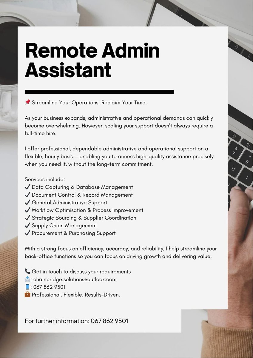 CarolBoitumelo1's tweet image. “Hi everyone! I’m currently offering freelance administrative support and am available to assist individuals or businesses with their day-to-day admin needs.

Feel free to message me "

#FreelanceAdmin #VirtualAssistant #AdminSupport #SmallBusinessSupport