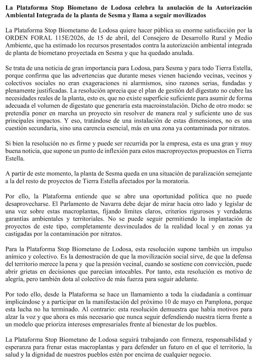 sustraierak's tweet image. La gente organizada detiene las grandes plantas de #biometanización.
Análisis de urgencia de la decisión del gobierno que parar la planta de #Sesma.
Sustrai también puso #recurso y cuando lo analicemos en profundidad difundiremos nuestra valoración. 
Zorionak Sesma eta #Lodosa!!