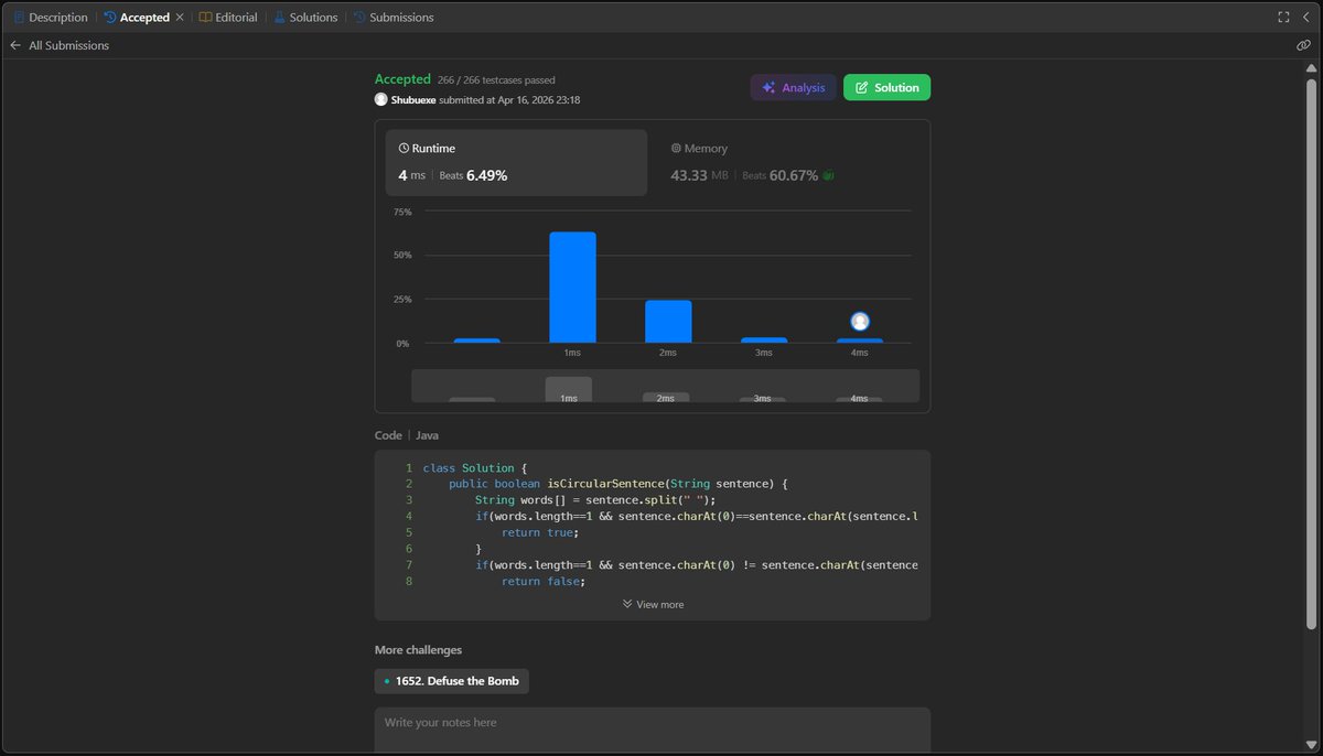 Shubhampateldev's tweet image. Day 209/365 – #365DaysOfLeetCodeChallenge
“Circular Sentence” 🔁
Check last→first for each word + wrap-around condition 💡

#leetcode #java #DSA #strings #coding #programming