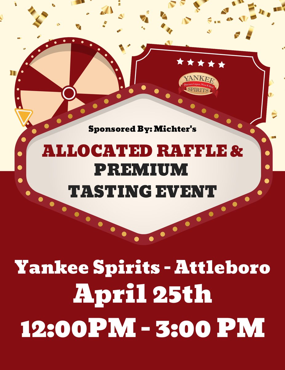 YankeeSpirits's tweet photo. ๐ฅ Rare bottles. Raffle tickets. Real pours.
Join us at Yankee Spirits Attleboro for a day of highly allocated finds, community vibes, and great sips โ sponsored by Michter's Distillery!
#SpiritsTasting #WineTasting #BeerTasting #TastingEvent #DrinkLocal #RaffleAlert https://t.co/57MYS2KEzq