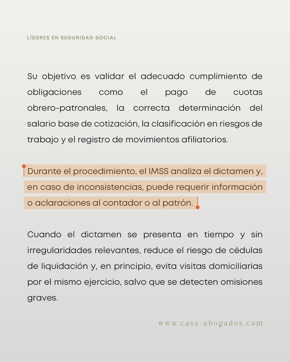 CASSabogados's tweet photo. ¿Sabías que el IMSS puede revisar tu dictamen después de presentado?

La revisión secuencial es el proceso mediante el cual el IMSS valida que las empresas cumplan correctamente con sus obligaciones en materia de seguridad social, revisando primero el dictamen del Contador Público antes de realizar visitas directas.