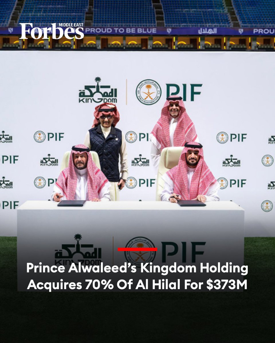 Forbes_MENA_'s tweet image. #SaudiArabia's Kingdom Holding Company, controlled by billionaire Prince Alwaleed bin Talal, has signed an agreement to acquire a 70% stake in football club Al Hilal from the PIF for $373.2 million.

#Forbes

For more details: 🔗 on.forbesmiddleeast.com/if0v