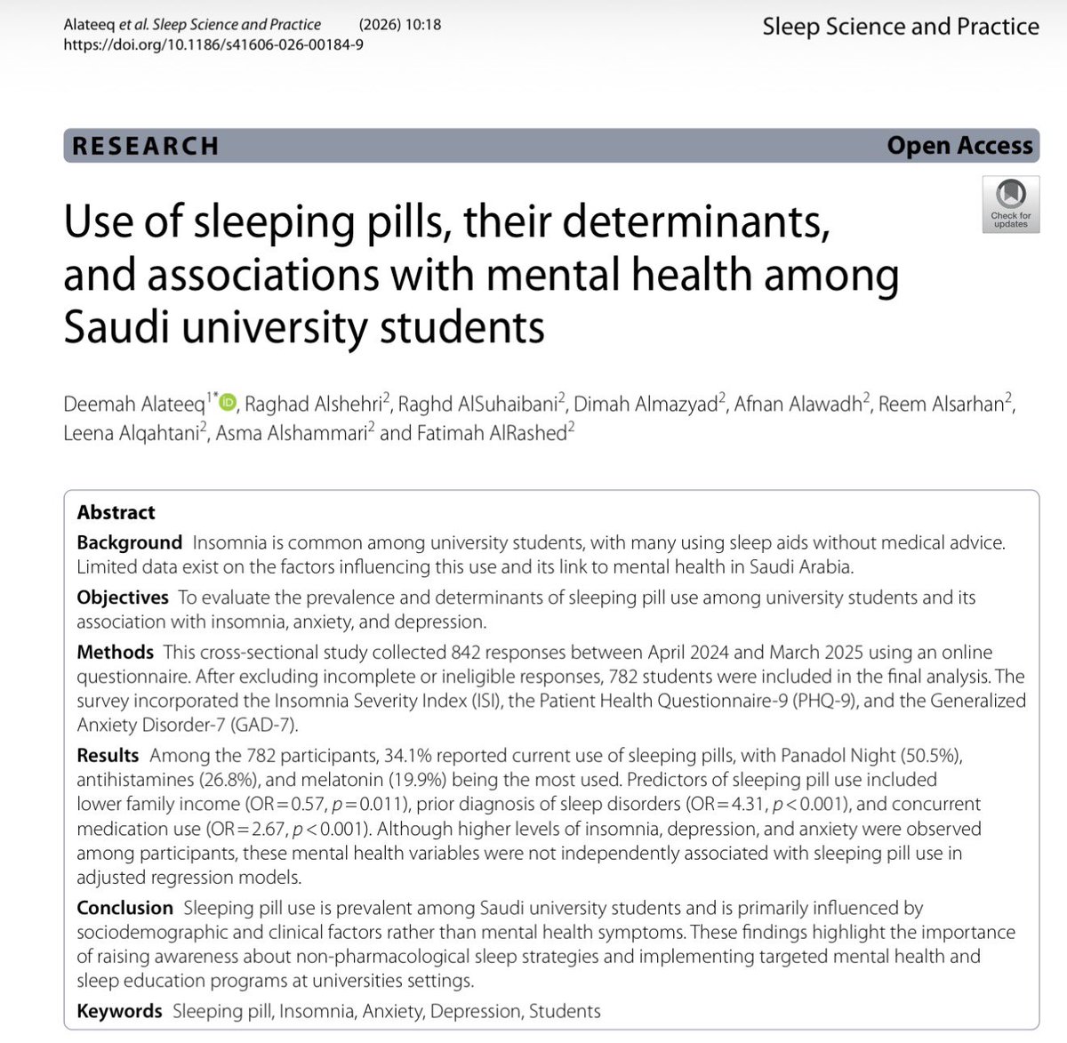 تم نشر ورقتنا البحثية حول استخدام الحبوب المنوّمة، والعوامل المحددة لها، وعلاقتها بالصحة النفسية لدى طلاب الجامعات في المملكة العربية السعودية.

رابط الدراسة: 
link.springer.com/article/10.118…