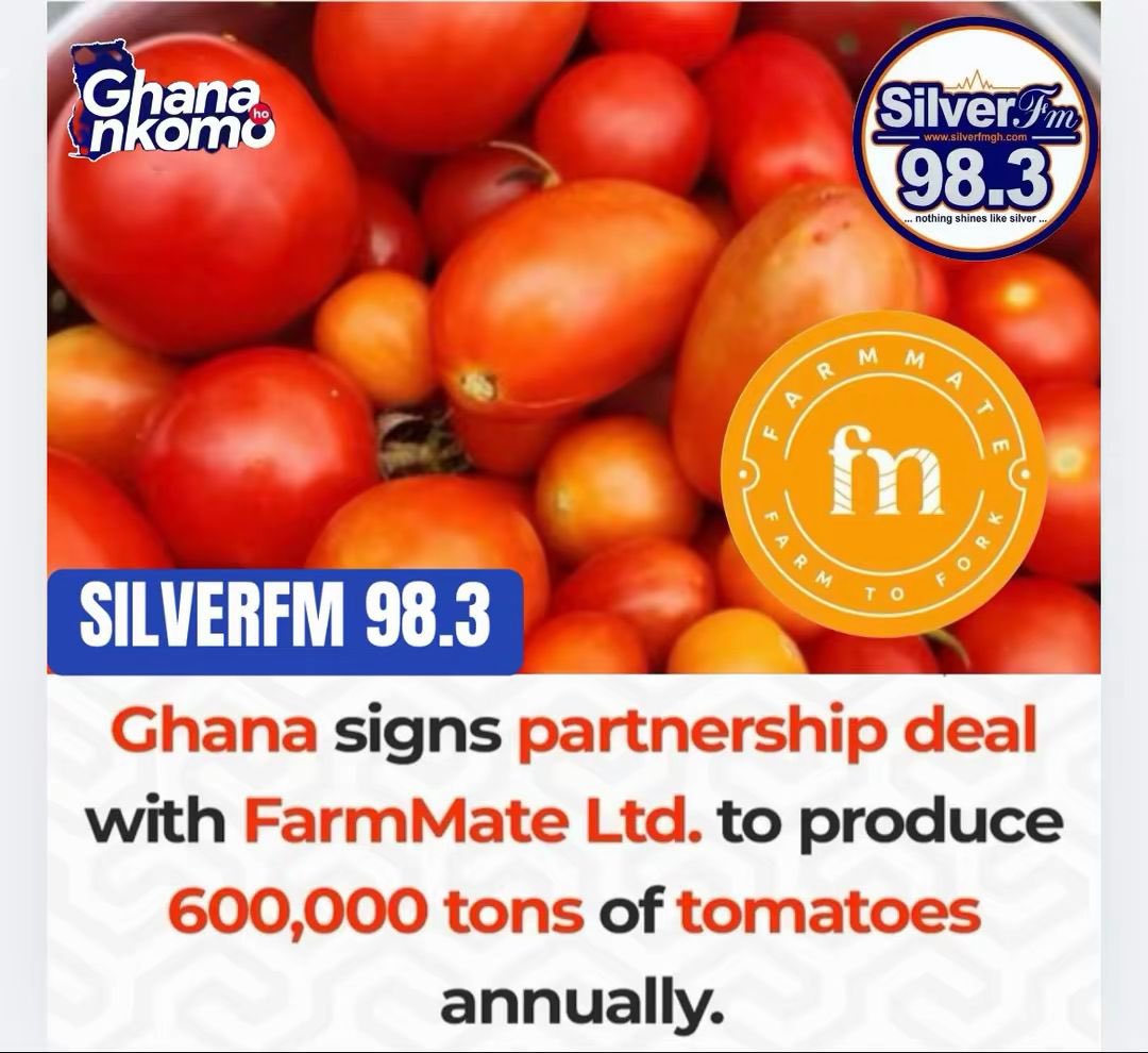 SilverfmGH's tweet photo. Ghana Signs Partnership deal with 📍📍📍📍📍FarmMate Ltd. to Produce 600,000 tons of tomatoes Annually #SilverScreen #silverfm #silvernews #fypシ #ghanahonkomo #SilverEntertainment https://t.co/N9ekJU1bV1
