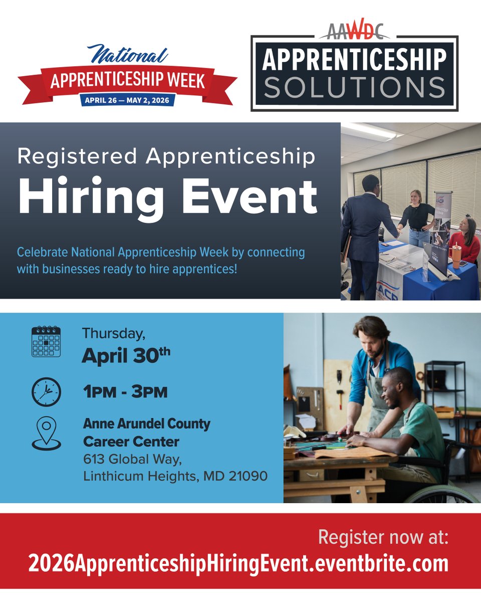 aaworkforce's tweet image. Celebrate National Apprenticeship Week with us by attending our Registered Apprenticeship Hiring Event on April 30th!

Visit …renticeshipHiringEvent.eventbrite.com to register.

#AAWDC #WorkforceDevelopment #NowHiring #HiringEvent #NAW2026 #Apprenticeship #CareerSuccess